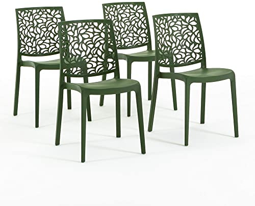 Sillas de resina moderna apilables de polipropileno con fibra de vidrio, para interior, cocina o comedor, exterior y jardín, sillas de restaurante y contract - Anna (4 Sillas, Verde oliva)