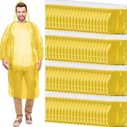 Handepo 100 Pack of Adult Rain Ponchos with Hood Disposable Plastic Rain Ponchos Bulk Emergency Raincoat for Men Women Adult(Yellow)