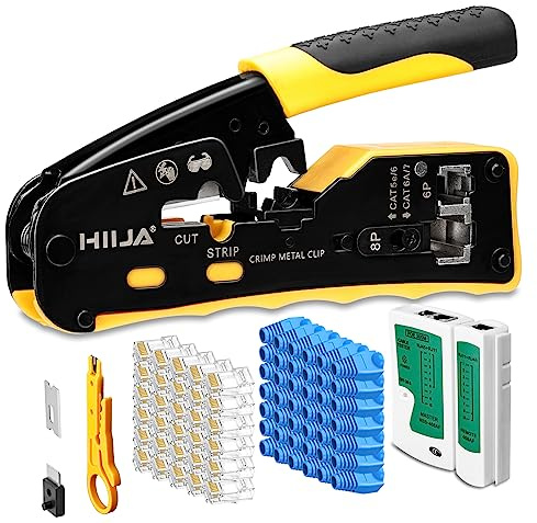 Hiija Kit de herramientas de crimpado RJ45 Pass Through Ethernet Crimper Kit todo en uno Kit de crimpadora modular de cable de datos de trinquete