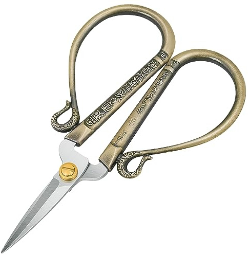 KUONIIY Embroidery Scissors, Vintage Sewing Scissors, Stainless Steel Cross Stitch Scissors with Comfortable Large Handle for Embroidery, Sewing, Art Work and DIY, Brass