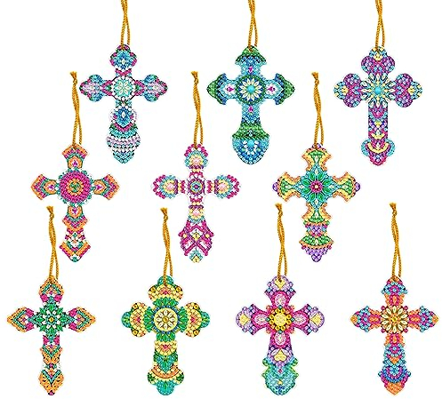 nuluxi 5D Diamond Painting Lesezeichen Set 10 Stück Kreuzform Schlüsselanhänger Kreuz Doppelseitig Diamant Malerei Schlüsselbund Strass Keychain für Erwachsene Kinder DIY Kunst Handwerk Zeichnung