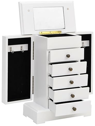 Homgoday Weiße & Hellbraune Schmuckkassette mit Spiegel & 5 Schubladen - MDF + Glas - 25 x 13,5 x 34 cm - für Schmuck & Kosmetik Model245753
