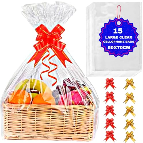 MAARA 15 Large Cellophane wrap Bags For Hampers (50CMX70CM / 20X27) Clear Hamper Basket Gift Bags With 20 Pull Bows, Clear Wrapping Cellophane For Presents Packaging