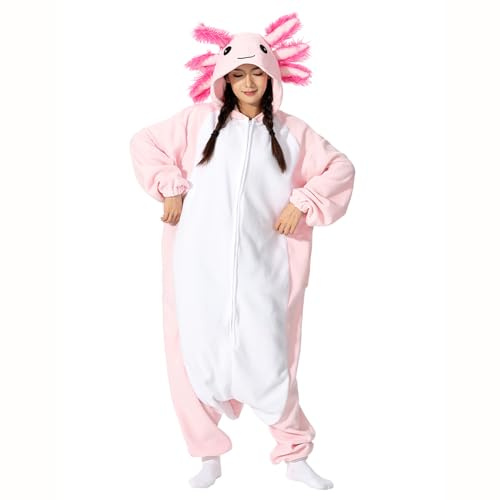 LANFAN Vuxen Onesie Axolotl kostym, pyjamas, män, kvinnor, unisex, cosplay, djur, plysch, nattkläder, halloween, jumpsuit för pyjamas, ROSA, XL