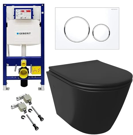 Alpenberger Hänge WC Komplettset | WC Schwarz Matt Spülrandlos | Klo mit Toilettenspülkasten Geberit Duofix Bausatz und Betätigungsplatte | Unterputz Spülkasten WC | Wand WC Set
