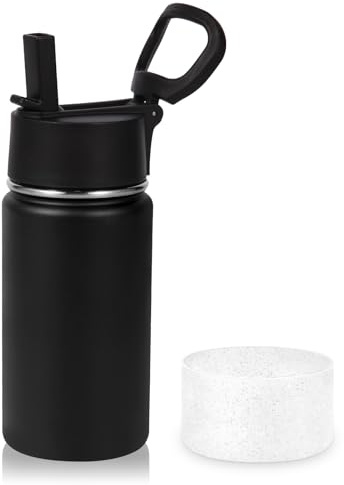 Volhoply Botella de agua de acero inoxidable aislada para niños de 14 onzas con tapa de pajita y funda de silicona, sin BPA, fácil de usar para niños y niñas, botellas de doble pared al vacío a prueba
