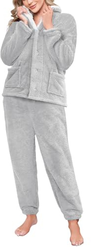 Tuopuda Tuta da Casa Donna Due Pezzi Pigiama Natalizio, Sweat Felpa Invernale Felpata Calda Abbigliamento Lunga Pigiama Set Tute Completo Casual Idee Regalo Natale Mamma Fidanzata, Grigio, S