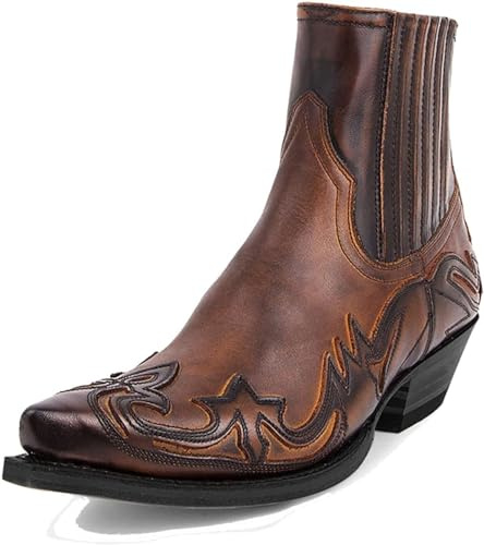 Generisch Herren-Cowboystiefel, Klassische bestickte Halbstiefel, Retro-Stiefeletten,44,Brown