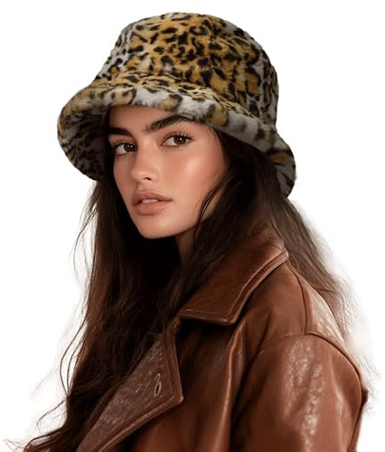 CLAPE Leopardenmuster Plüsch Fischerhut für Damen Kunstfell Winter Eimer Hut Warm Bucket Hat Pelzig Anglerhut Flauschig Breite Krempe Schlapphut Leopard Yellow FHWP2401
