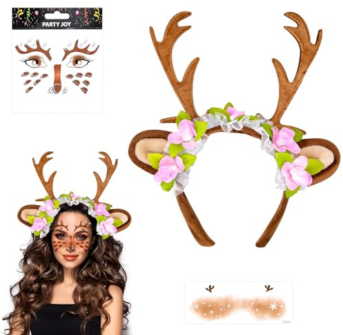 Pipihome Reh Haarreif Reh Kostüm Damen Erwachsene Faschingskostüme damen Reh Geweih Haarreif Ohren Rentier mit Blumen, Reh Gesichtstattoo, Cosplay Party Reh Kostüm Zubehör