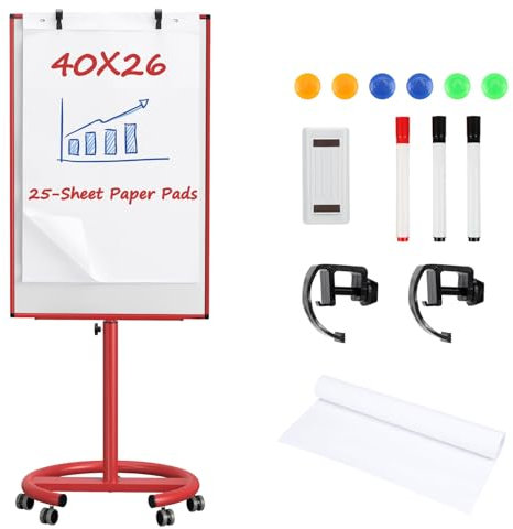 Mobile Dry Erase Board on Wheels, 40x26 Inches Portable Mobile Whiteboard, Magnetic Standing White Board with Flip Chart Paper, Rolling Dry Erase Board for Classroom, School, Office, Home