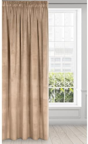 Eurofirany Melanie Vorhang Samt Velvet Kräuselband -1 STK. Weich Edel Gardine 200g/m² Elegant Glatt Einfarbig Flauschig Modern Klassisch Wohnzimmer Schlafzimmer, 140x270 cm, Dunkelbeige