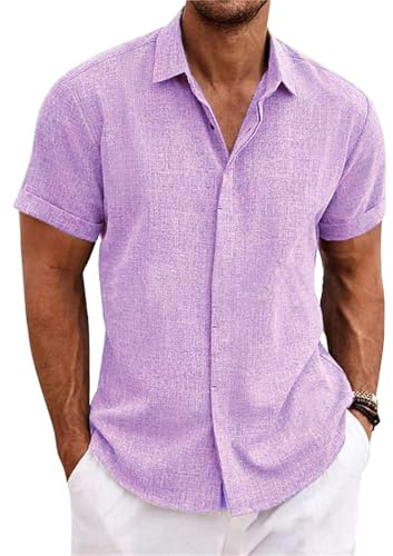 PADOLA Camicia in Lino Uomo Camicie con Collo Botton-downa Maniche Corte e da Spiaggia Slim Fit Estiva Estate Casual(S,Viola)