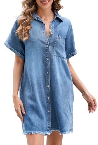 Hersuitful Summer Denim Dress for Women Short Sleeve Button Down Casual Western Jean Dresses Blue S
