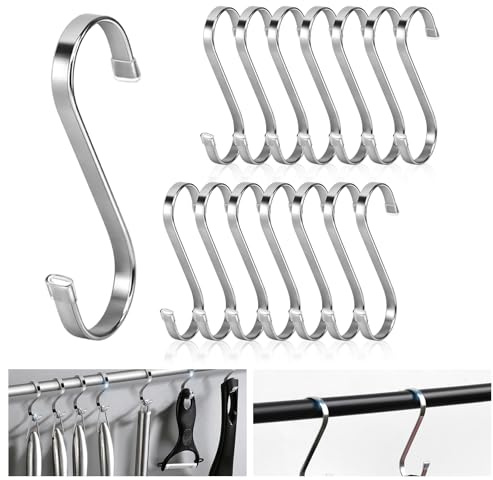 LZYDKH 15 Stück S Haken Edelstahl, 11cm Groß Metallhaken zum Einhängen Bis 25kg Belastbar Küchenhaken Rostfreie S-Haken zum Aufhängen für Aufhängen Küchengeräte Pflanzen Gartengeräte (Silber)