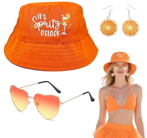 SAIIURV 3 Stück Orange Fischerhut Damen Anglerhut Aperol Hut Brille Ohrringe Oranges Kostüm Zubehör Aperol Kostüm Damen Party Hut für Sommer Party Karneval