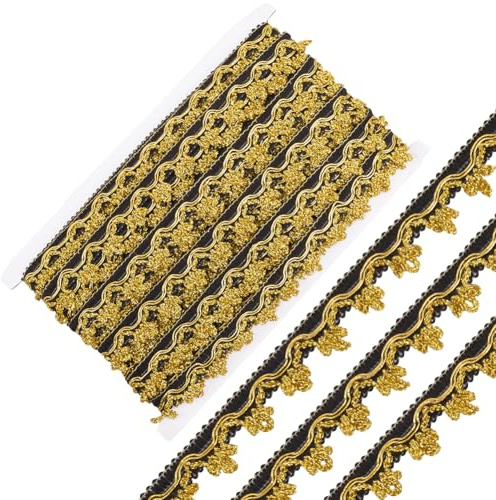 GORGECRAFT 22 m Metallisches Spitzenband Filigrane Einfassung Dekorative Borte Gold Schwarz Glitzerblumen Gewellter Rand Applikation Gewebte Borte Floral Besticktes Stoffband Zum Nähen Für Hochzeiten