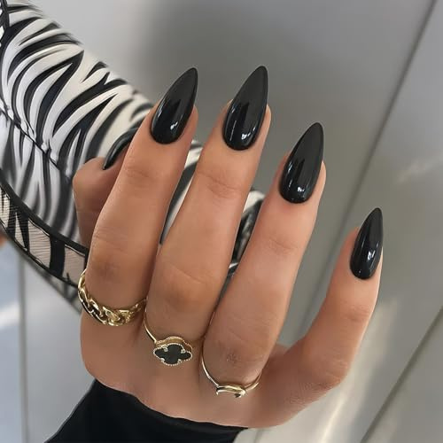 Black False Nails Almond Medium - Acrylic Press on Nails Almond - Glossy Pure Color Black Fake Nails Short with Glue - Full Cover Stick on Nails Soft Gel for Women Daily Wear Nail Art