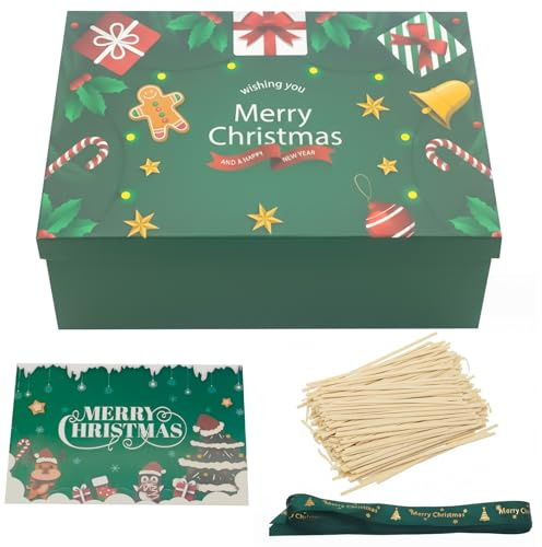 MORAINJAY Geschenkbox Weihnachten, Grüne Geschenkkarton Weihnachten mit Deckel, inklusive Schleifenband, Grußkarten und Bastpapier, für Geschenke und Weihnachtsverpackung