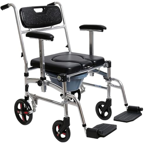 OWOHYG Four In One Wheelchair Toilet Chair, Transport Mobile Shower Chair, Flip Toilet Chair with PU Leather Cushion for Elderly People