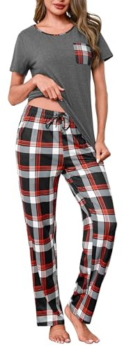 Demegimi Pigiama Donna Cotone Manica Corta Pigiami Due Pezzi da Donna con Pantaloni Lunghi a Quadri Completo da Casa Morbido e Leggero