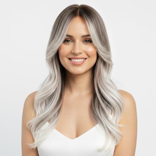 Lång peruk med ombre-effekt, grå till silver, vågigt syntetiskt hår, 60 cm