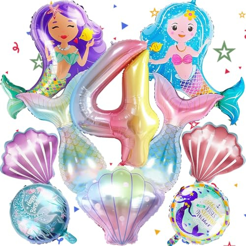10 Stück Meerjungfrau Luftballons Set, 4. Geburtstag Deko Mädchen | Meerjungfrauenflosse Ballons, Mermaid Folienballons, Kindergeburtstag Deko, Für Unterwasser-Party, Ozean Thema Dekoration