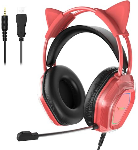 Wantak - Auriculares para juegos con orejas de gato y micrófono, cable USB de 3.5 mm (compatible con PC/PS5), sonido Hi-FI (20-20.000 Hz), reducción de ruido pasiva, ligeros y cómodos para mujeres y
