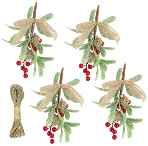 Vaskula 4 Stück Mistelzweig deko 22 cm Weihnachts Mistelzweige mit Roten Beeren Tannenzapfen Schleife Pailletten Hanfseil Aufhängen Künstlicher Mistelzweig für Weihnachtsdekoration