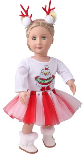 DUORUIMI Puppenkleidung, Winter-Weihnachtskleid, Gazy-Rock, Sweatshirt, niedliches Muster mit Haarspange, für American Girl, Puppe, 45,7 cm