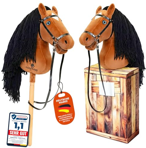 HobbyJumpy Hobby Horse A3 Steckenpferd mit realistischen Augen und Stall-Geschenkbox – Braun oder Schwarz