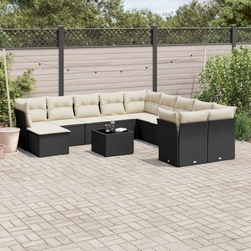 QJBSAVVA 12-teilige Garten-Sofagarnitur Schwarz Poly Rattan 62 x 62 x 69 cm Mit Loungesofa Hocker Couchtisch Cremeweiße Kissen Modular Sitzgruppe für Terrasse Balkon Camping und Garten