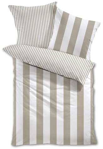 Traumschlaf Mako-Satin Wende-Bettwäsche Los Angeles – Edle Satin Bettwäsche aus 100% Baumwolle mit moderner Streifenoptik in warmen Naturtönen – 135x200 cm + 80x80 cm, beige