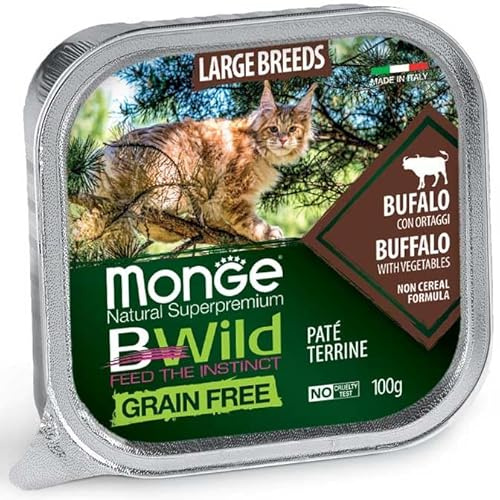 Monge BWild Grain Free Paté Terrine con Bufalo e Verdure per Gatti Razze Grandi, 12 Vaschette da 100g