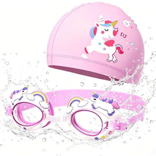 Danbghyuo Cuffia da Nuoto Unicorno per Bambini Occhialini Regolabili Cappello da Nuotare Elastico Occhiali da Nuoto Antiappannamento per Ragazze di 3-15 Anni, 2 Pezzi in Totale