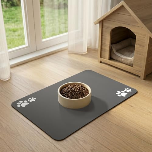 Tapis Gamelle Chien Antidérapant, Tapis de Bol pour Chien Chats Absorbant, Séchage Rapide et Imperméable Tapis d'alimentation pour Animaux (Gris foncé, 30x50cm)