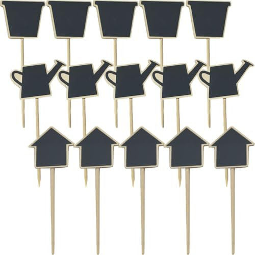 MALUGOGO 30pcs Small Chalkboard Signs with Wood Plant Label Stakes, Easy to Write and Install, Decorative Message Boards for Parties and Table Setting, Black Kettle, Flower Jar, House