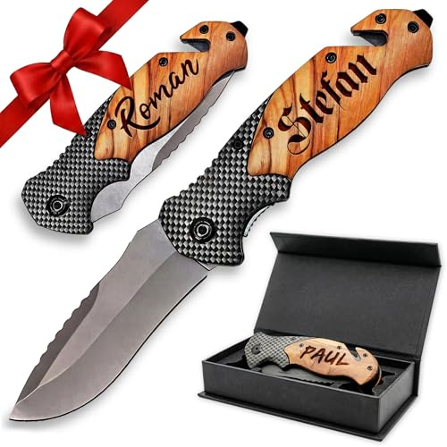 Pixelstudio Messer mit Gravur Taschenmesser Zweihandmesser LEGAL in Deutschland Klappmesser mit Holzgriff. Geschenk für Männer