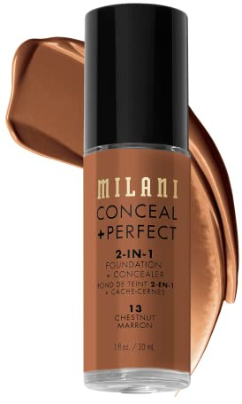 Milani Conceal + Perfect 2-in-1 Foundation + Concealer for a Flawless Complexion, Under Eye Corrector, Cover Redness and Imperfections, Waterproof and Sweatproof - 13-Chestnut