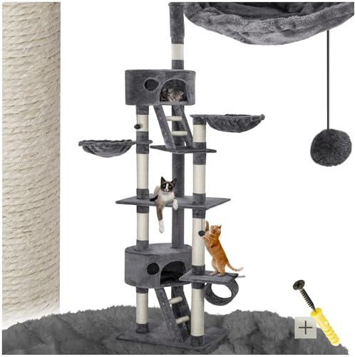 tectake® Árbol para Gatos Rascador, 2 Casetas, Varias Alturas, 3 Plataformas, Protección Antivuelco, Cama Gatos, Juguetes para Gatos, Rascadores para Gatos, Torre Gatos - Gris