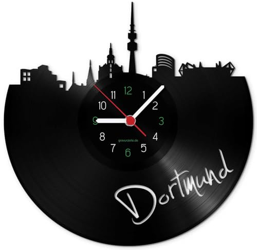 GRAVURZEILE Schallplattenuhr - Skyline Dortmund - Wanduhr aus gegossenem Vinyl mit Stadt Skyline 30 cm - Upcycling Design-Uhr Wand-Deko Vintage Wand-Dekoration Retro-Uhr - Made in Germany