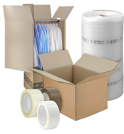 IMBALLAGGI 2000 - Kit Trasloco Mini Trasloco - Contiene 10 Scatoloni 60x40x40 e 40x30x30, 1 Scatola Porta Abiti, 2 Nastri da Imballo, 1 Rotolo Pluriball 1x10mt)