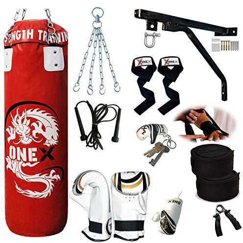 ONEX 3ft Punch Bag Set Heavy Filled Boxing Training Punching Gloves Fighting Hanging 13pcs Bracket set (Red)