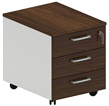 One Living Caisson de Bureau,Commode de Bureau avec roulettes et 3 Tiroirs (Blanc avec Dessus et Façades en Noyer Foncé, L 42 x P 56 x H 51 cm)