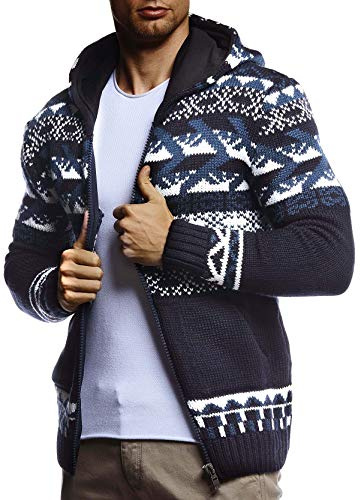 Leif Nelson Herren Strickjacke Kapuze Norwegerjacke Schwarze Winterjacke Kapuzenjacke Männer Jacke für Weihnachten Winter Norweger Muster Übergangsjacke Slim Fit LN20756 L Blau