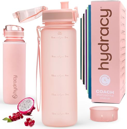 Hydracy Water Bottle with Time Marker - 500 ml 17 Oz BPA Free Water Bottle - Leak Proof & No Sweat Gym Bottle with Fruit Infuser Strainer - Ideal for Fitness or Sports & Outdoors - Rose Gold
