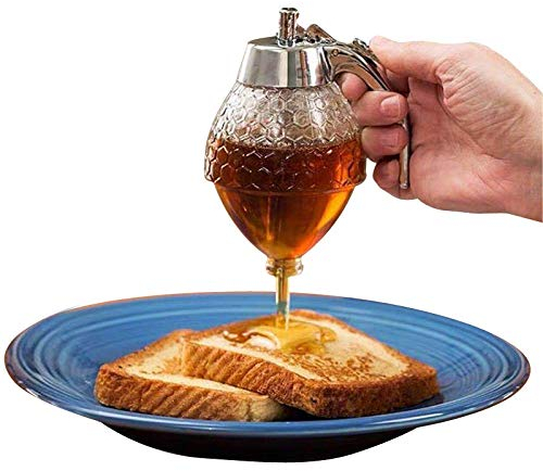 Honigspender Honigglas Honigbehälter, tropffreier Sirup und Zuckerdose, Behälter für Honigsirup, Spender mit Ständer, schöner Honigkamm-Form, 227 ml