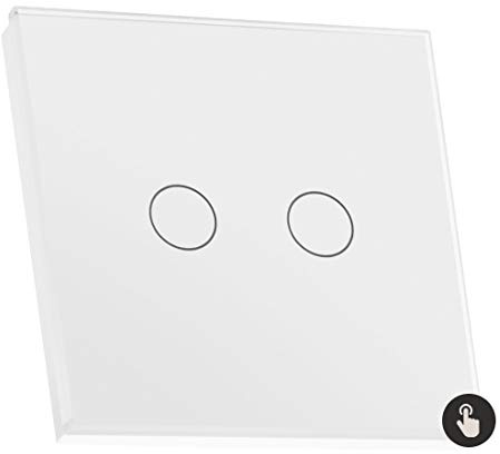 Sardini Home Bianco White Tempered Glass UK Touch Screen Single Wall Light Switch – 2 Gang 1 Way with Responsive LED On/Off Indicator
