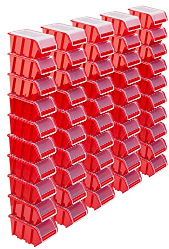 PAFEN Set med staplingsbara lådor - 50 x stapelbara lådor med lock, 230 x 160 x 120 mm, genomskinlig låda, stapellåda, förvaringslåda, röd