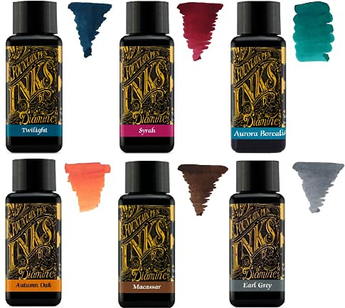 Diamine – 30 ml reservoarpenna bläck – färghjul – 6 x flaskor – höst ek, syrah, macassar, Earl Grey, Aurora Borealis, Twilight